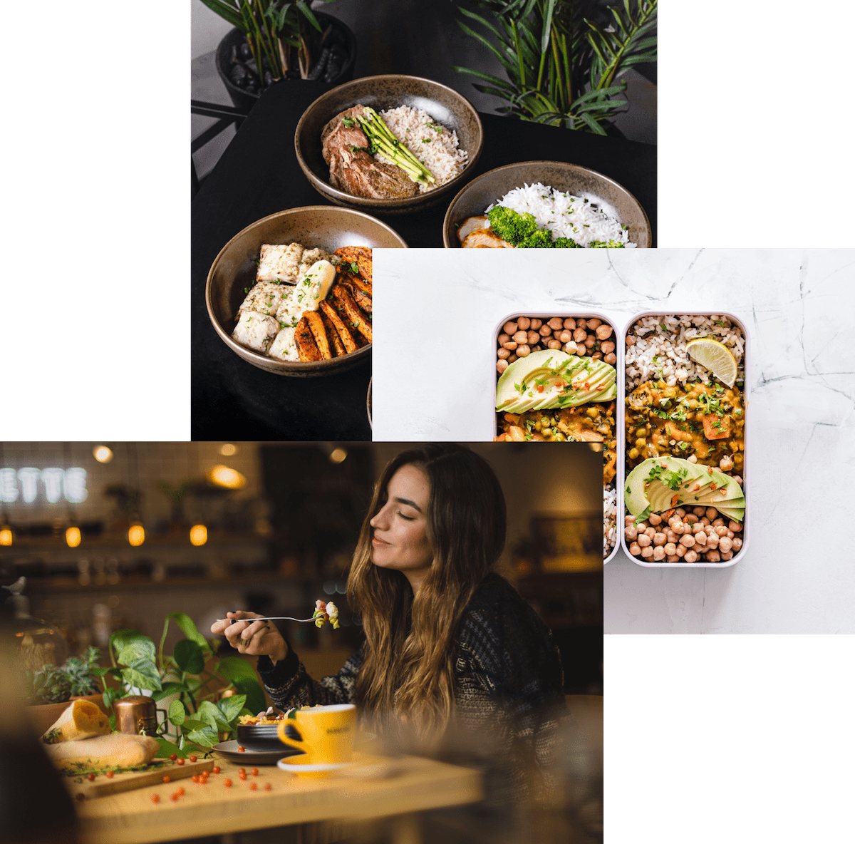 Woman enjoying food in storage container and food bowls on a table